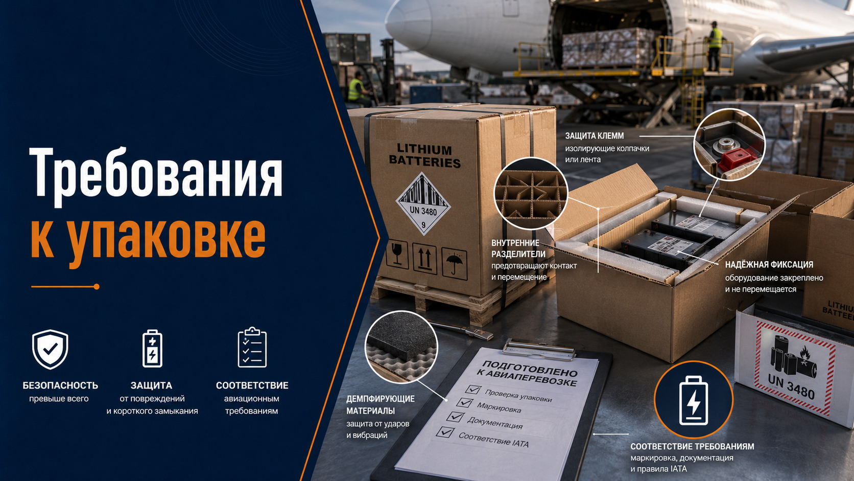 Литиевые аккумуляторы защищены от короткого замыкания и перемещения внутри прочной транспортной упаковки