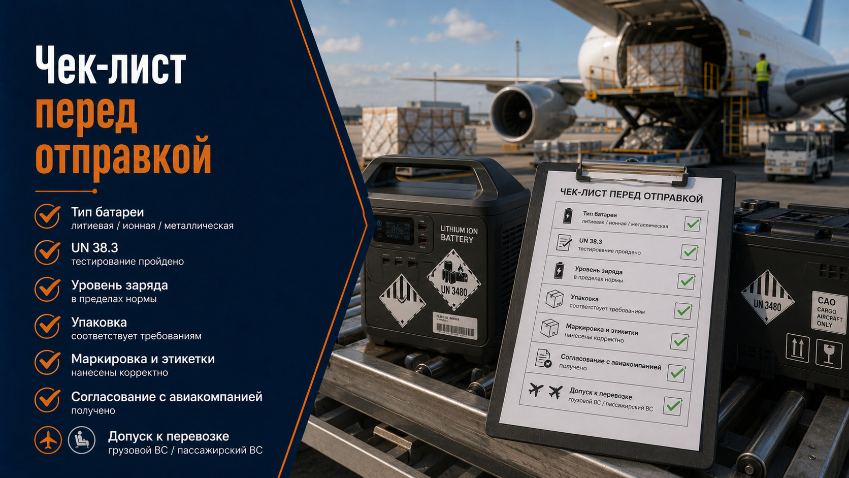 Проверка классификации, документов, уровня заряда, упаковки и маркировки литиевой батареи перед отправкой самолётом