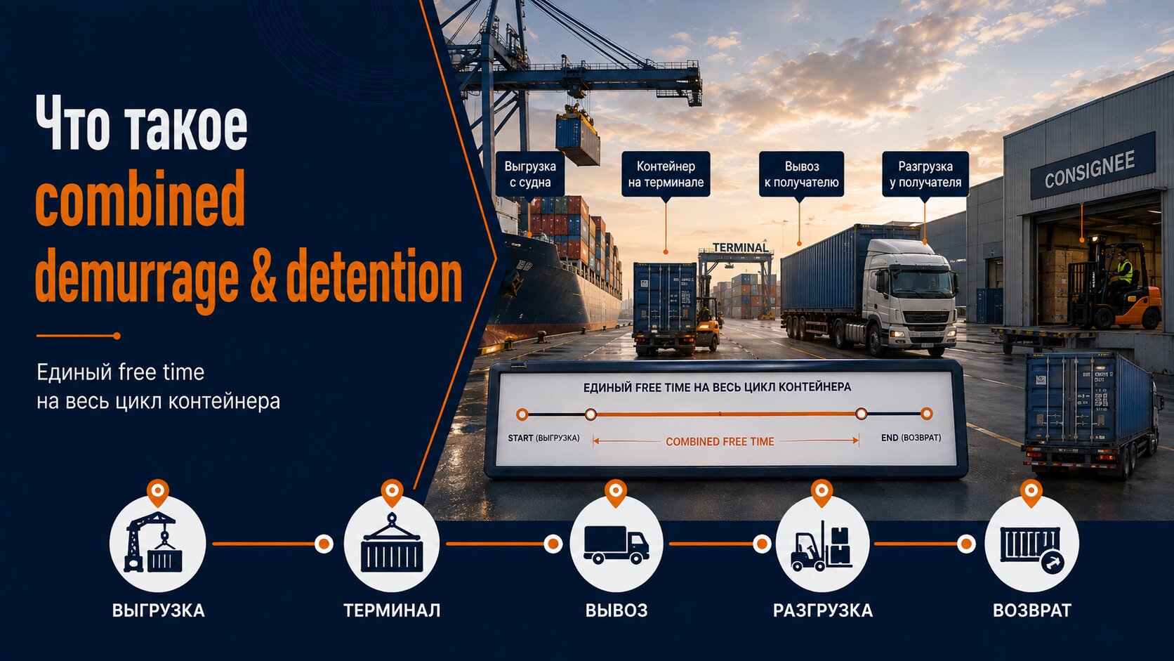 Единый свободный период охватывает нахождение контейнера в порту, доставку, разгрузку и возврат порожнего оборудования