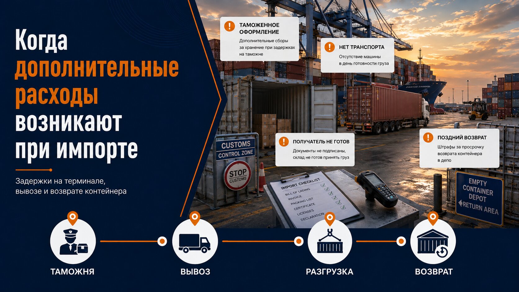Контейнер задерживается в порту из-за таможенного оформления, досмотра или отсутствия транспорта для вывоза