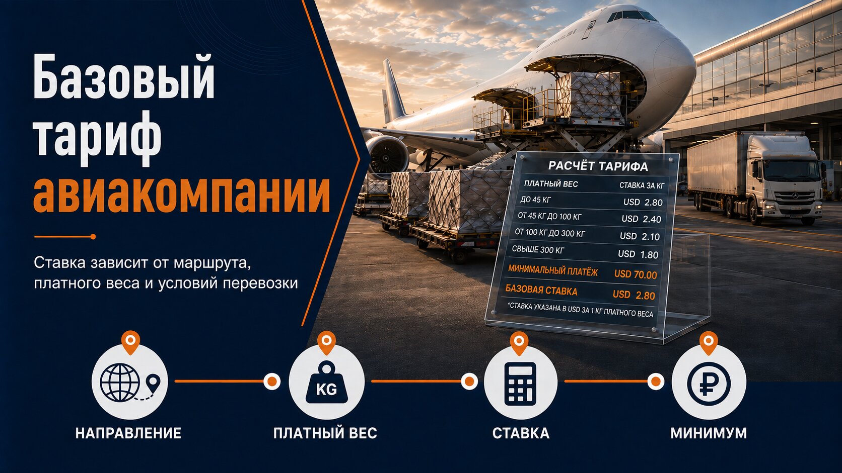 Расчёт базового тарифа авиакомпании за перевозку платного веса груза между аэропортами