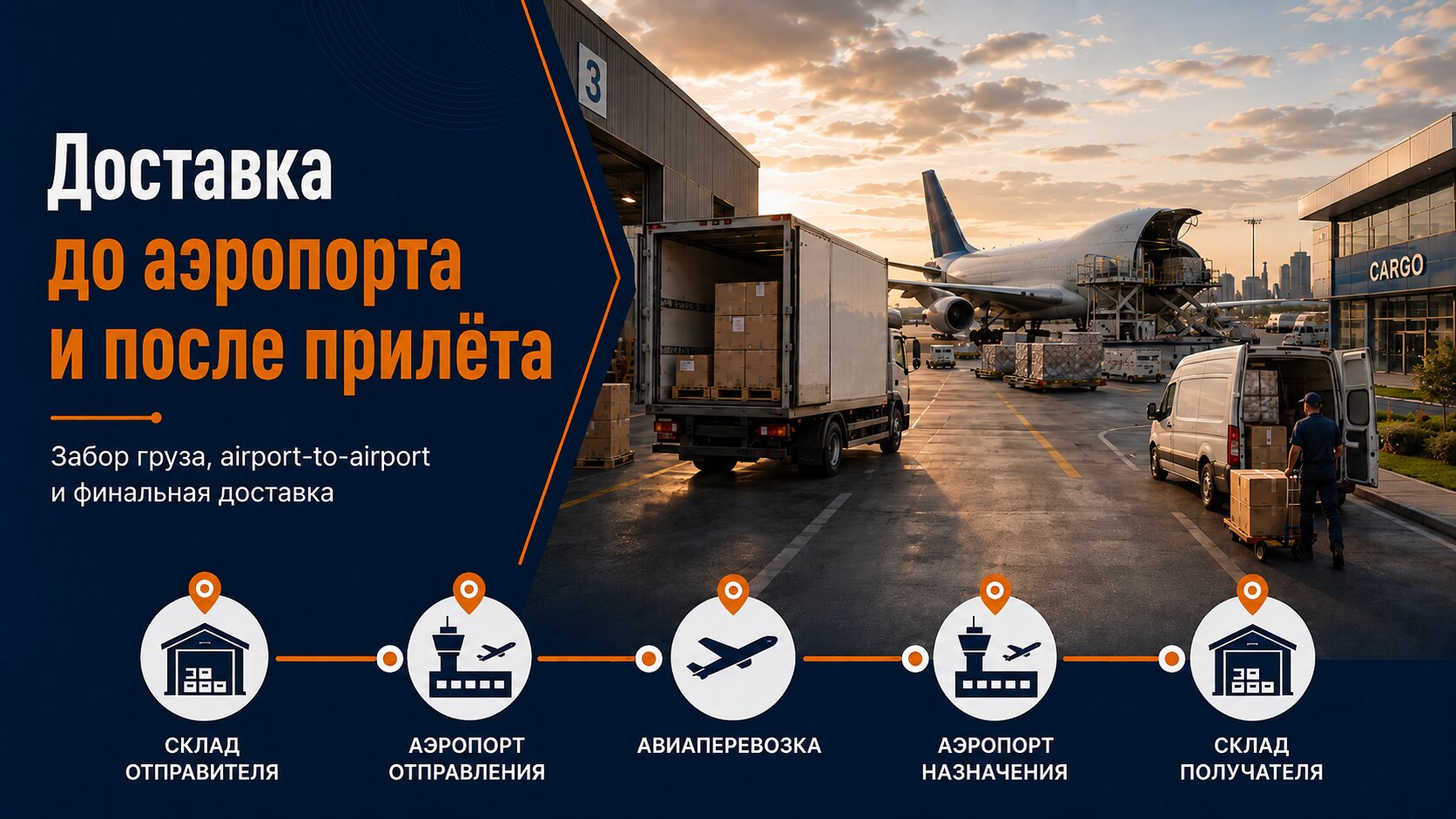 Автомобильная доставка связывает склад отправителя, аэропорт, авиаперевозку и склад конечного получателя