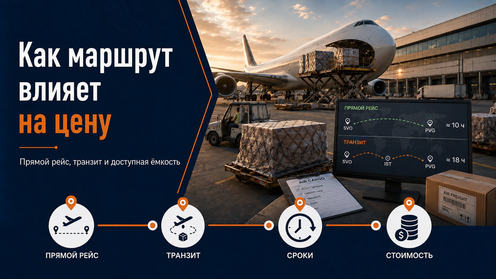 Сравнение прямого и транзитного авиамаршрута по стоимости, срокам и количеству операций с грузом