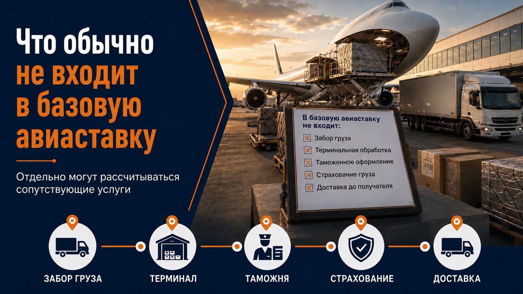 Доставка, терминальная обработка, хранение и специальные операции рассчитываются отдельно от базового тарифа авиакомпании
