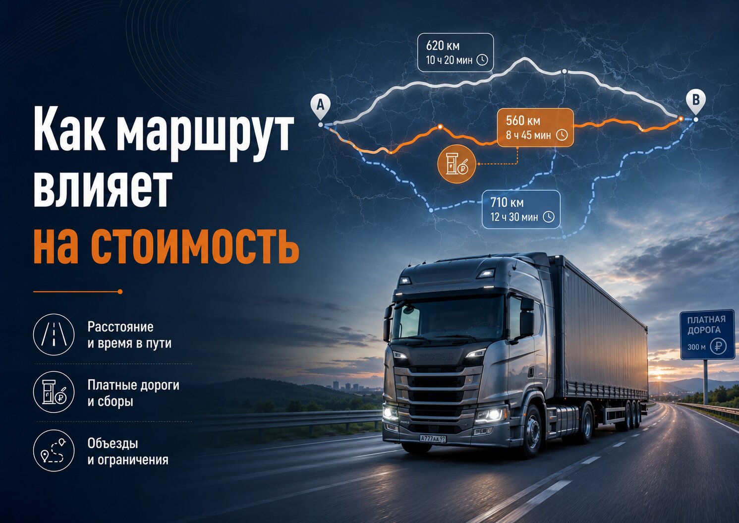 Маршрут грузового автомобиля с платными дорогами, объездами и другими факторами, влияющими на стоимость перевозки