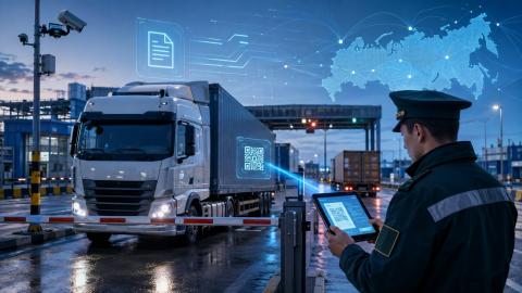 Проверка поставок из ЕАЭС по системе СПОТ Грузовой автомобиль с товаром из ЕАЭС проходит проверку ФТС по системе СПОТ при ввозе в Россию