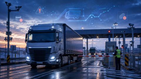 Иностранный грузовой автомобиль проходит проверку задолженности перед пересечением границы России