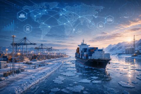 Контейнеровоз проходит по Северному морскому пути в составе будущего Трансарктического транспортного коридора