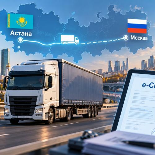 Грузовой автомобиль на международном маршруте Казахстан — Россия в рамках пилотной перевозки с электронной накладной e-CMR