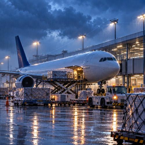 Грузовой самолёт и терминал аэропорта Бангкока BKK на фоне временных ограничений из-за сильных ливней
