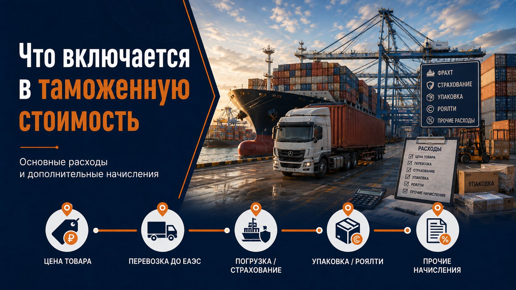 Цена товара, международная перевозка, страхование, погрузка и другие расходы при расчёте таможенной стоимости