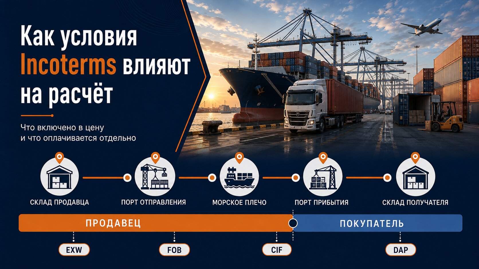 Сравнение условий EXW, FOB, CIF, DAP и DDP для определения расходов, включённых в цену импортного товара