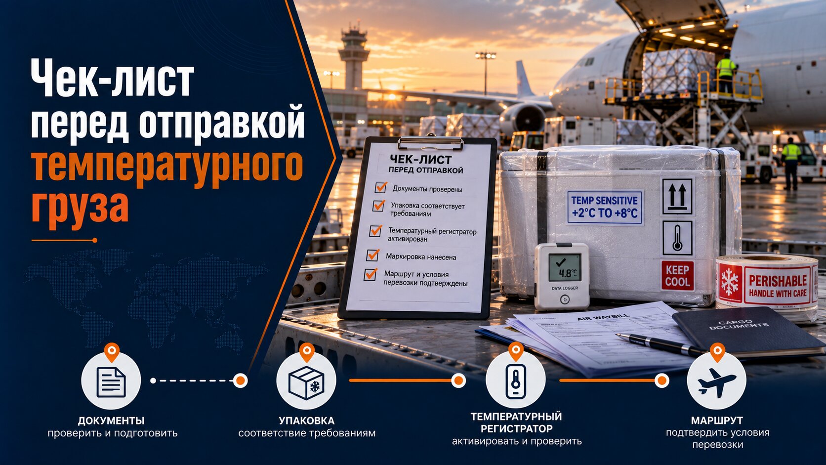 Проверка температурного диапазона, упаковки, маршрута, хранения, документов и мониторинга перед отправкой авиагруза